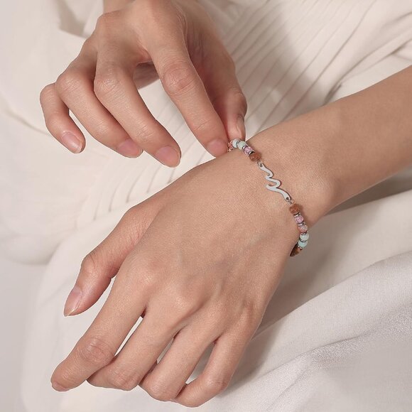 Wave Wrist Bracelet for Women Gift, Adjustable Stainless Steel and Stone, Ideal - Picture 4 of 8